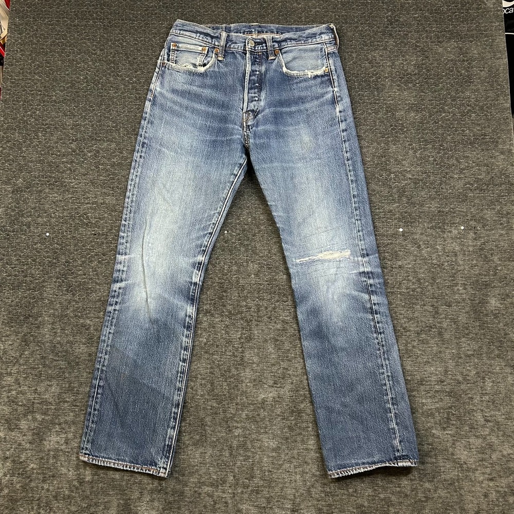 Levis 501 Jeans Men's Blue Denim Distressed Pockets Classic Button Fly - 32X32